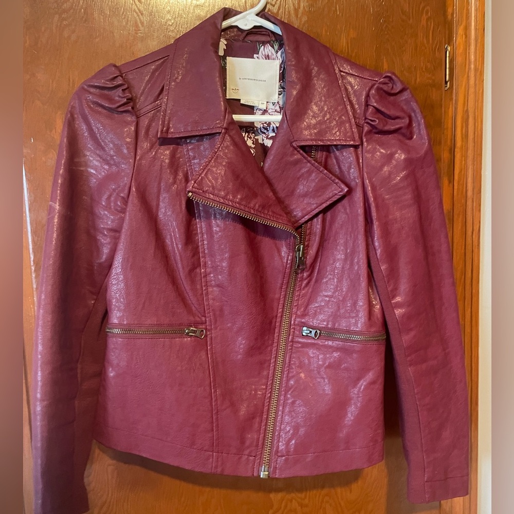 Anthropoligie faux leather moto jacket with puff sleeve
